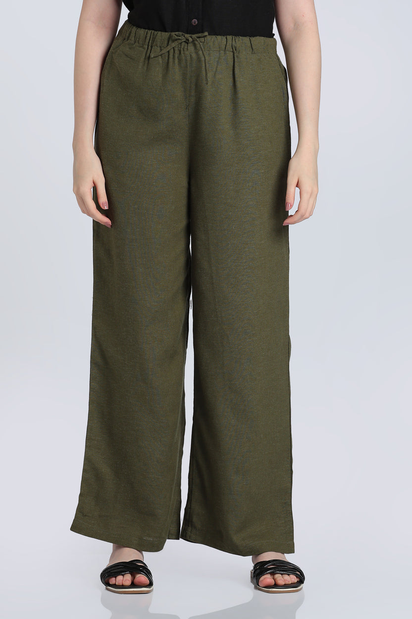 Olive Wide Leg Fit Pant With 2 Pocket for Women - Image 2