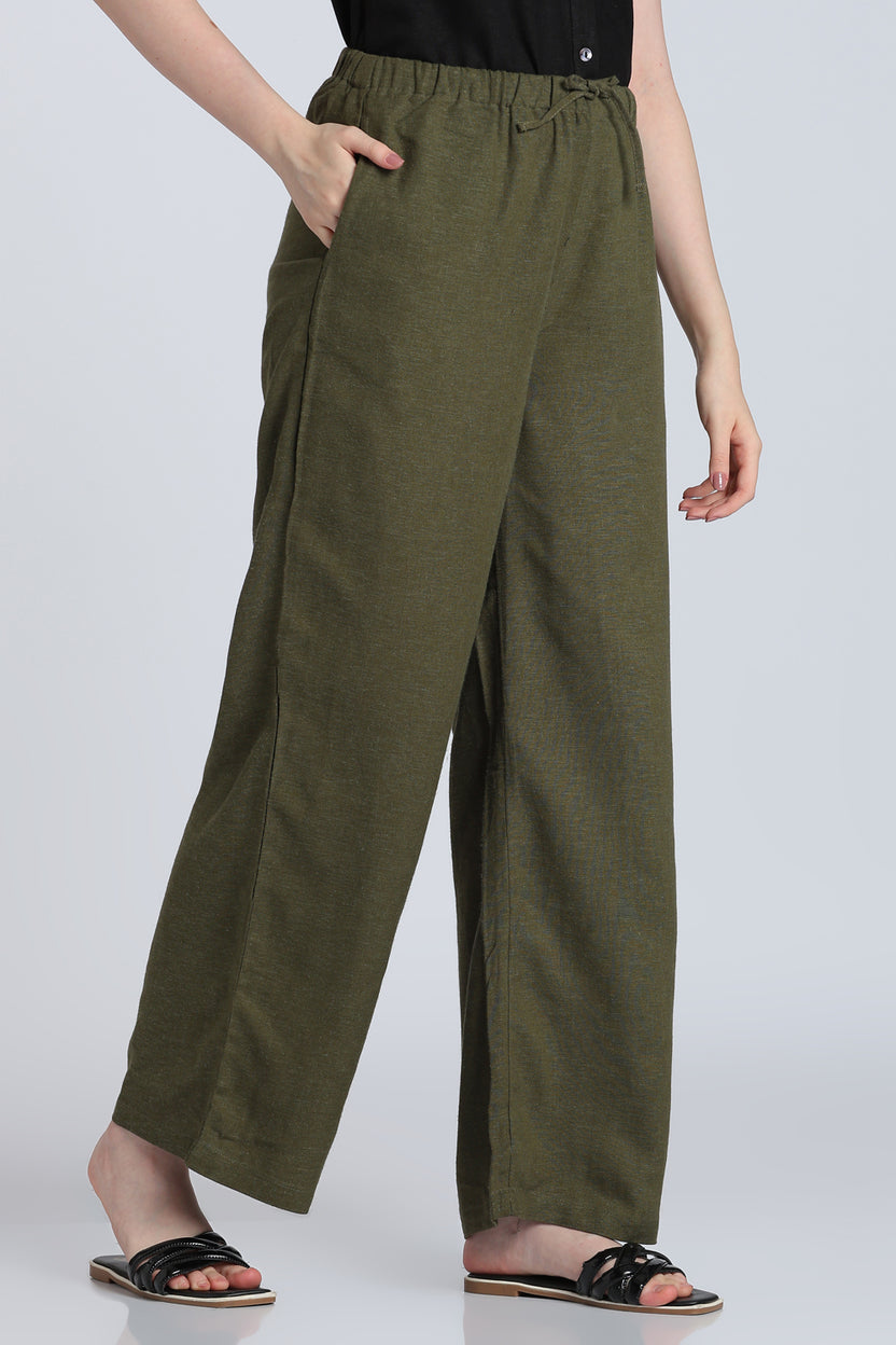 Olive Wide Leg Fit Pant With 2 Pocket for Women - Image 4