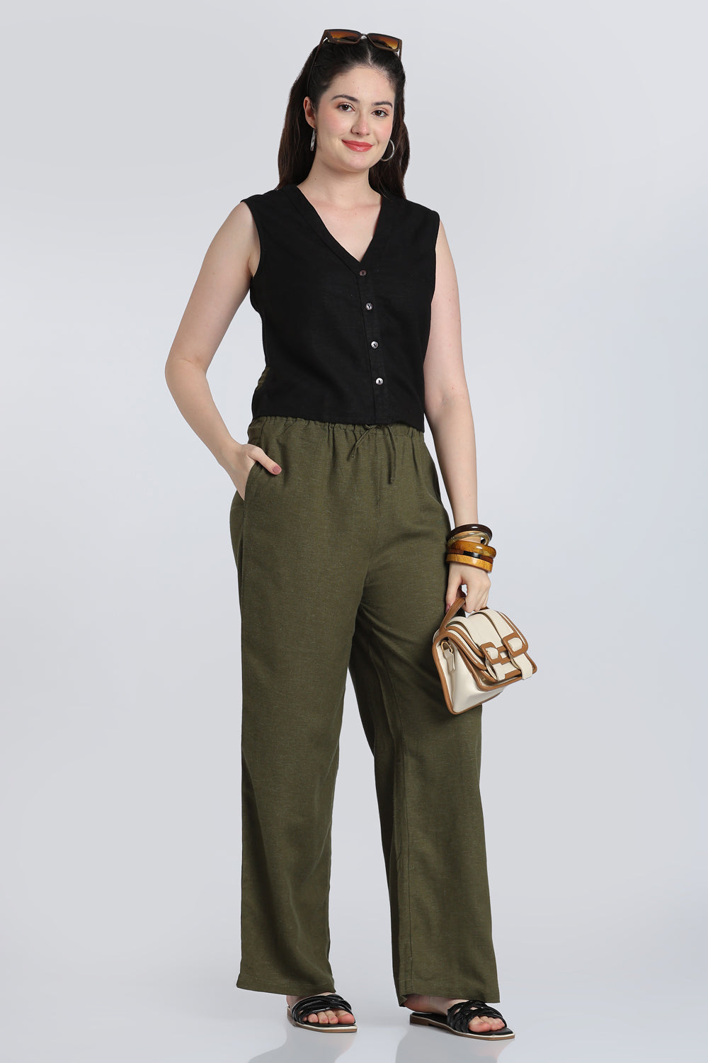 Olive Wide Leg Fit Pant With 2 Pocket for Women - Image 6