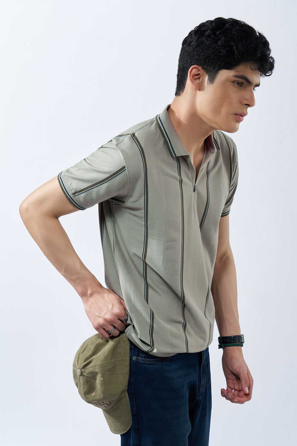 Grey Striped Polo T-Shirt for Men - Image 1