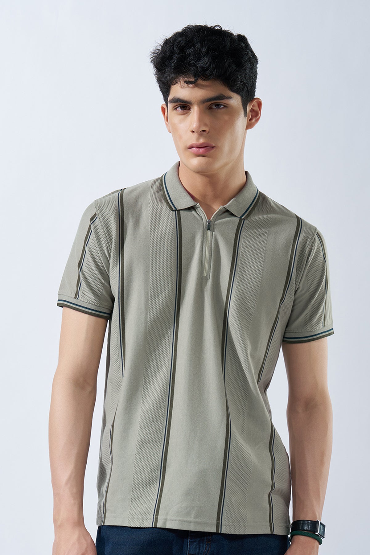 Grey Striped Polo T-Shirt for Men - Image 2