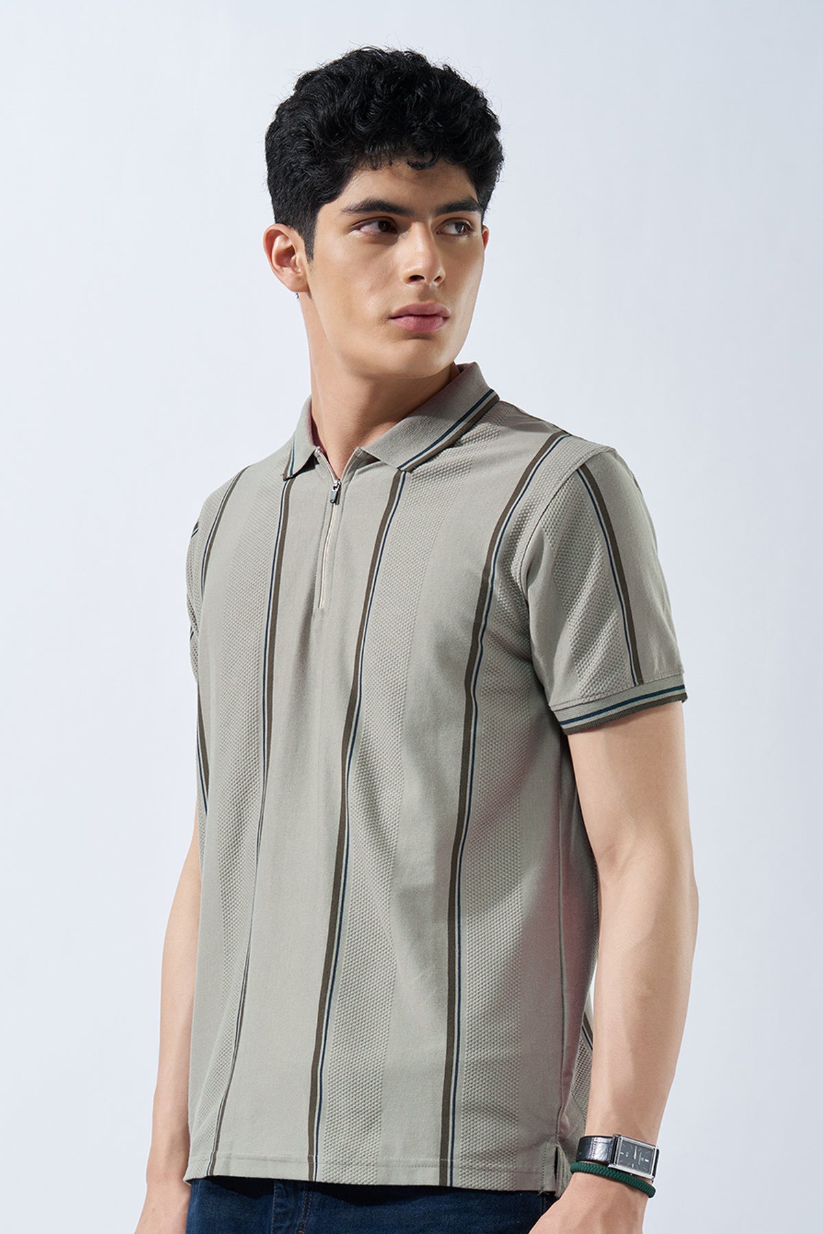 Grey Striped Polo T-Shirt for Men - Image 4