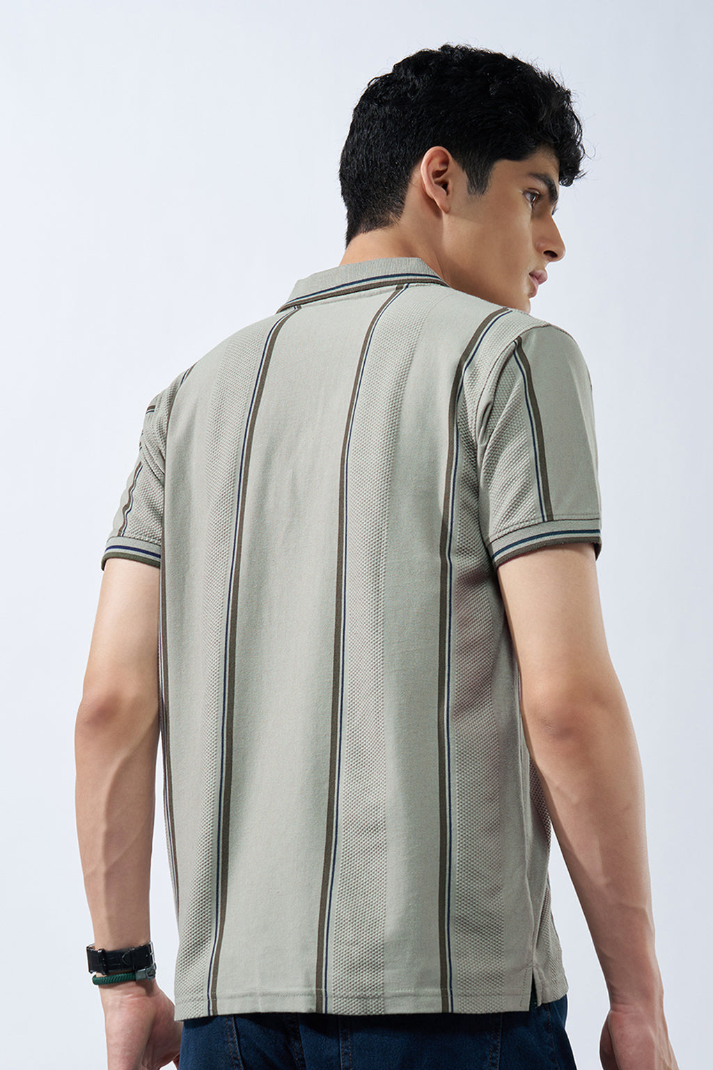 Grey Striped Polo T-Shirt for Men - Image 5