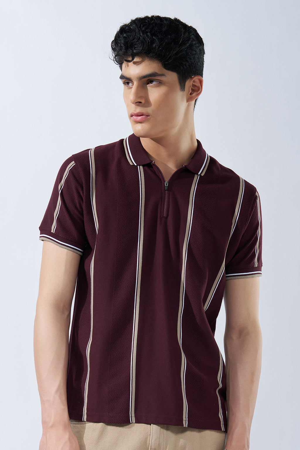 Maroon Striped Polo T-Shirt for Men - Image 2