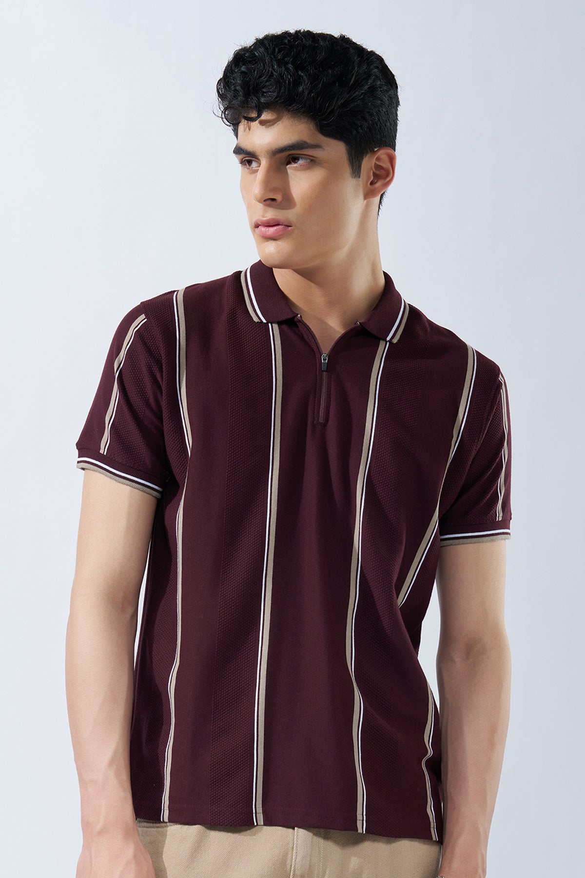 Maroon Striped Polo T-Shirt for Men - Image 2
