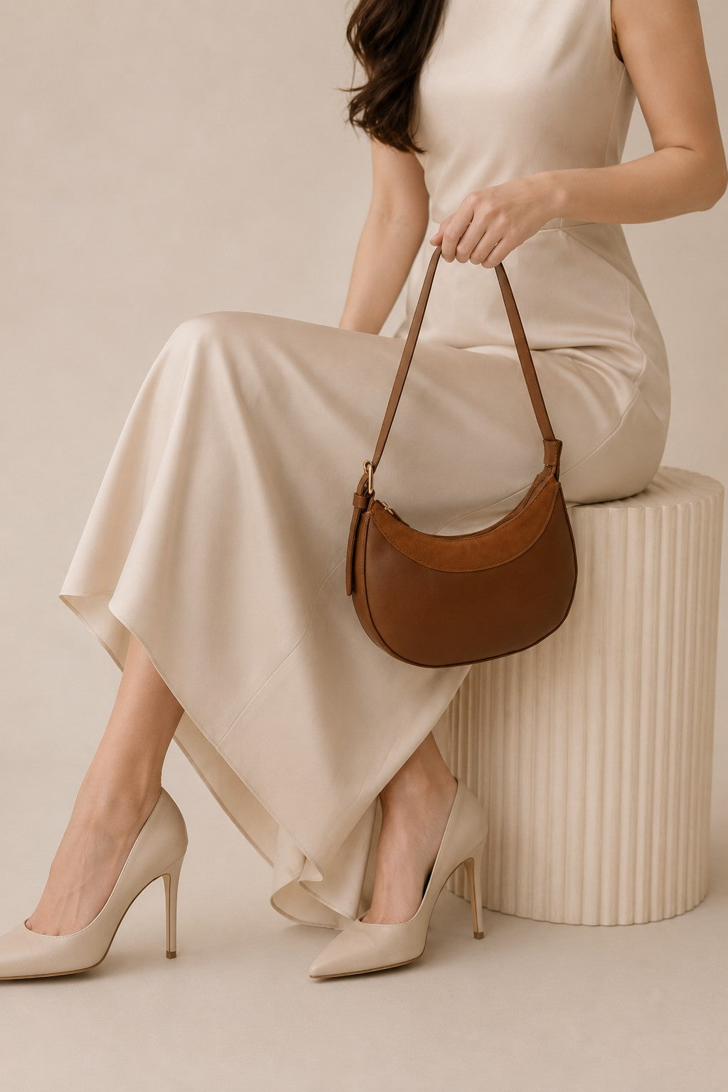 Tan Solid Curved Sling Bag for Women - Image 1