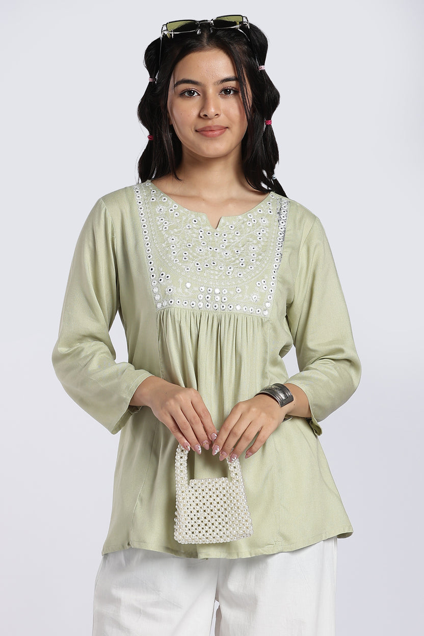 Green Embroidered Regular Fit Tunic for Women - Image 1