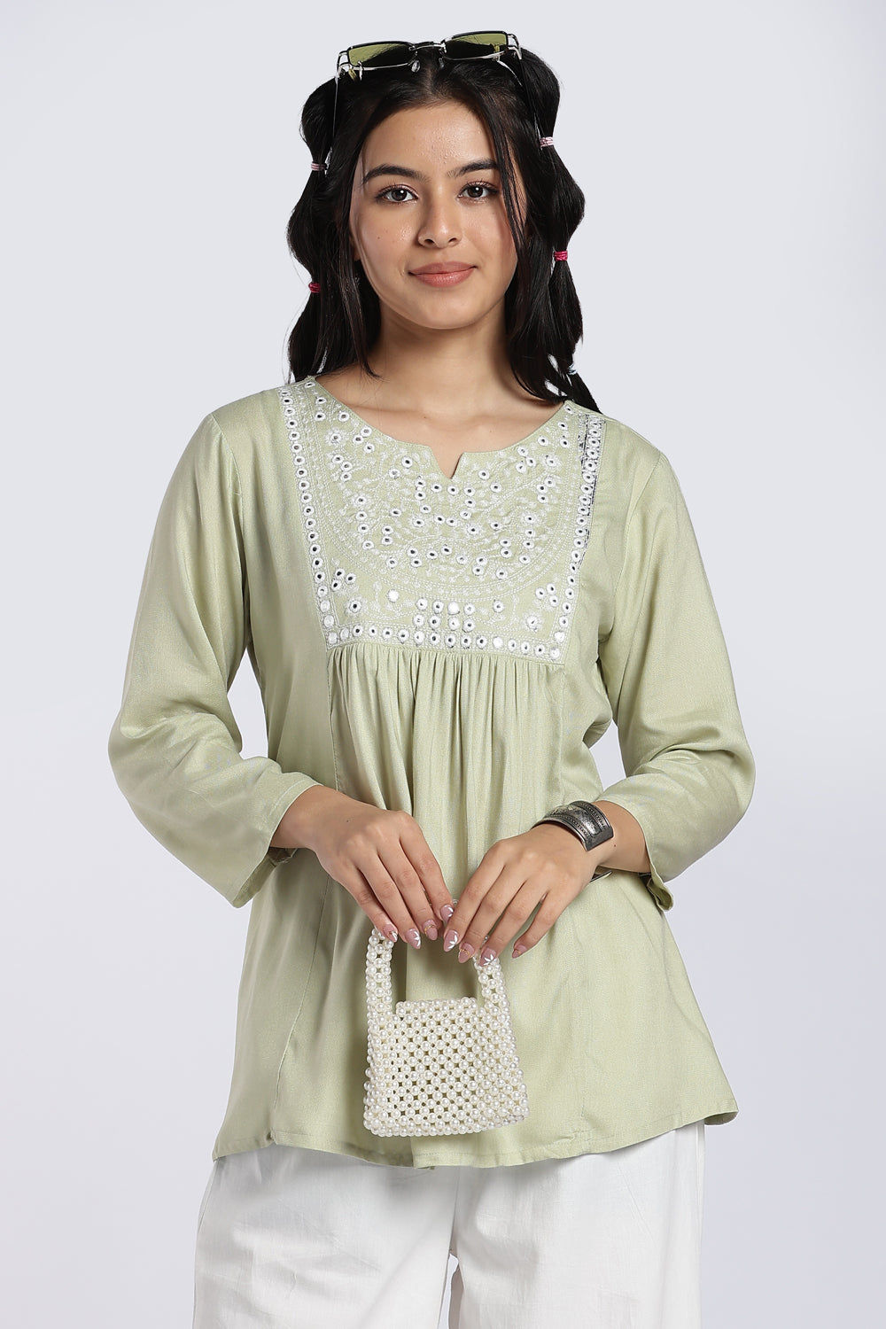 Green Embroidered Regular Fit Tunic for Women - Image 1