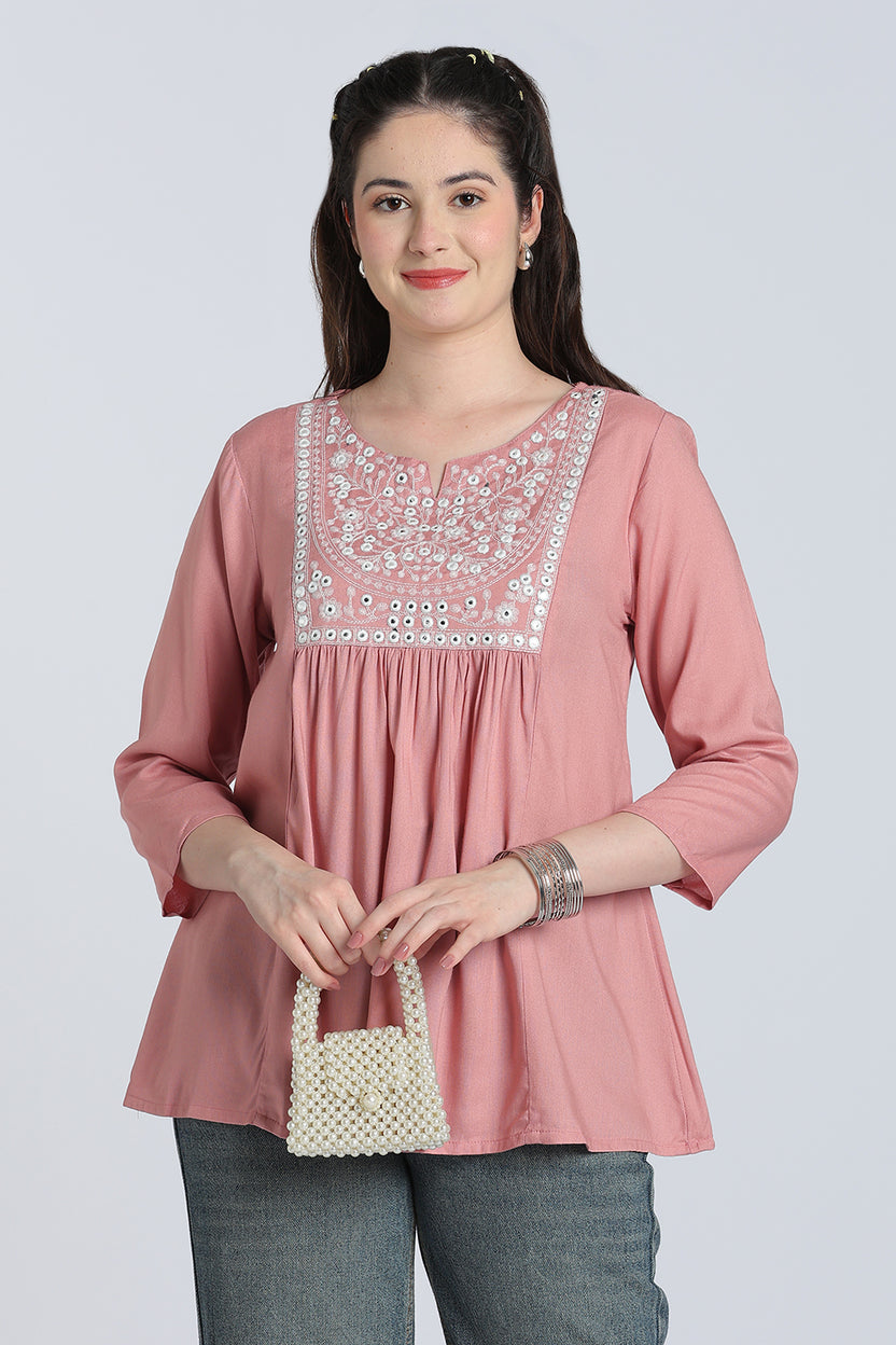 Pink Gathered Regular Fit Tunic for Women - Image 1