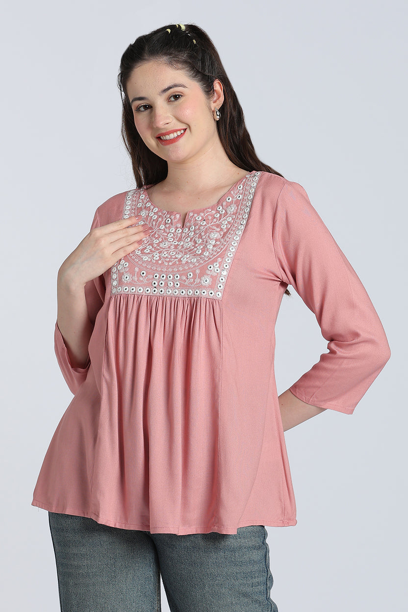 Pink Gathered Regular Fit Tunic for Women - Image 2