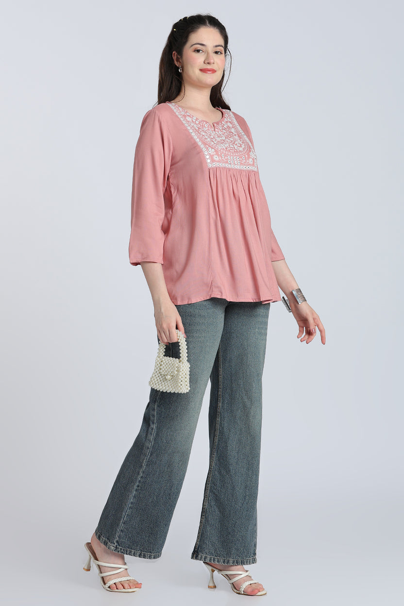 Pink Gathered Regular Fit Tunic for Women - Image 6
