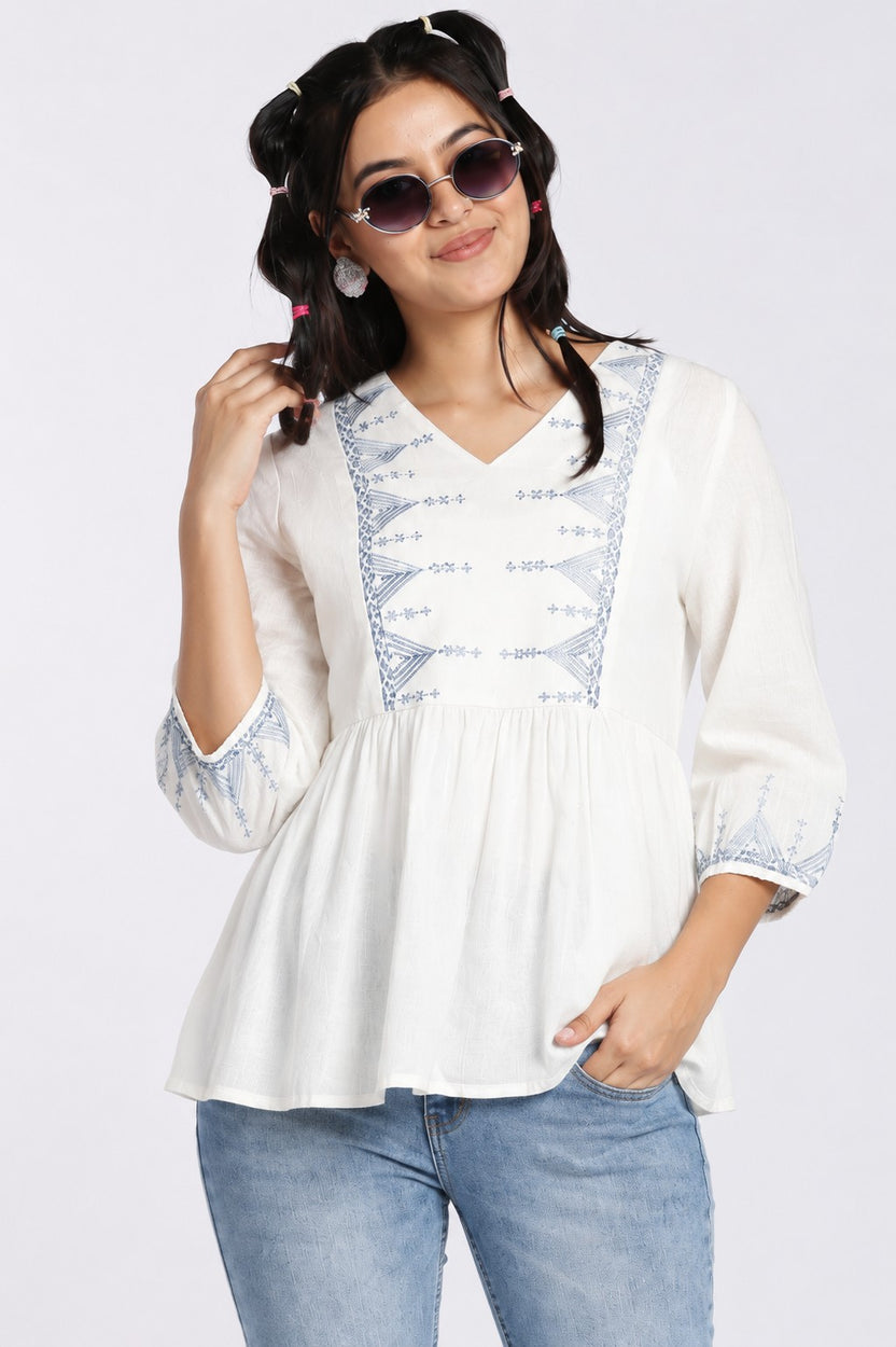 Blue Embroidered Cotton Flared Tunic for Women - Image 1