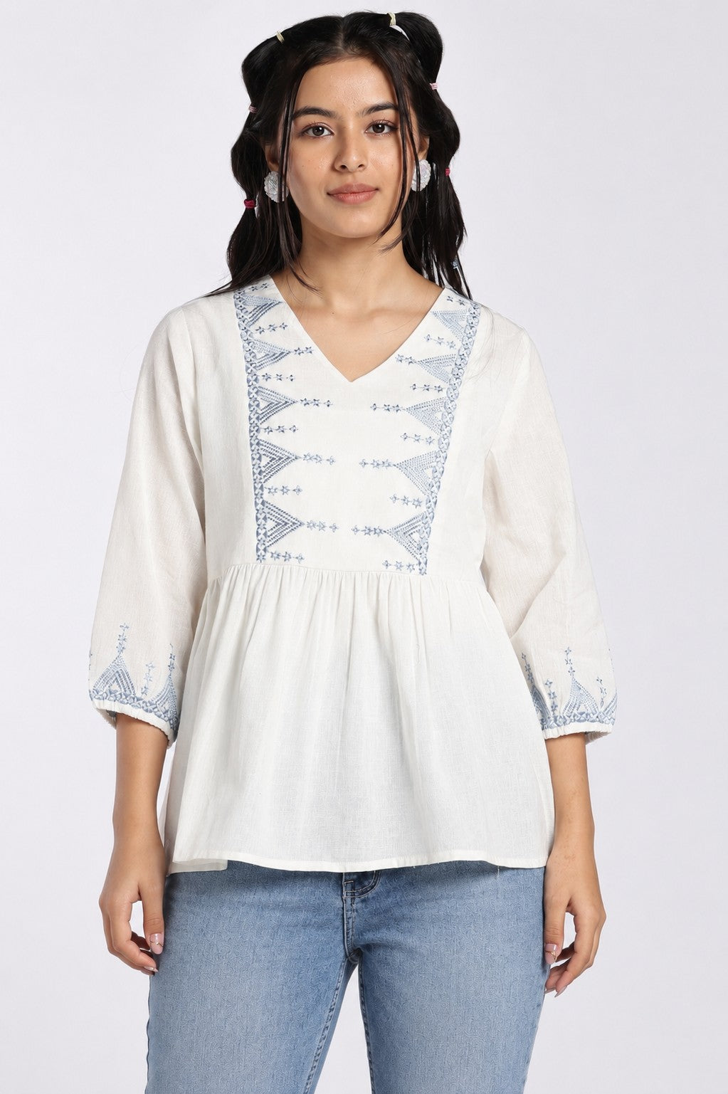 Blue Embroidered Cotton Flared Tunic for Women - Image 2