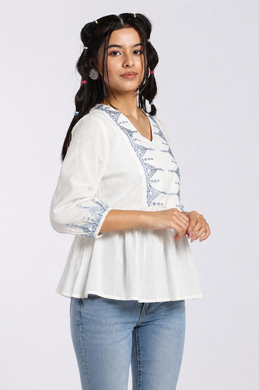Blue Embroidered Cotton Flared Tunic for Women - Image 4