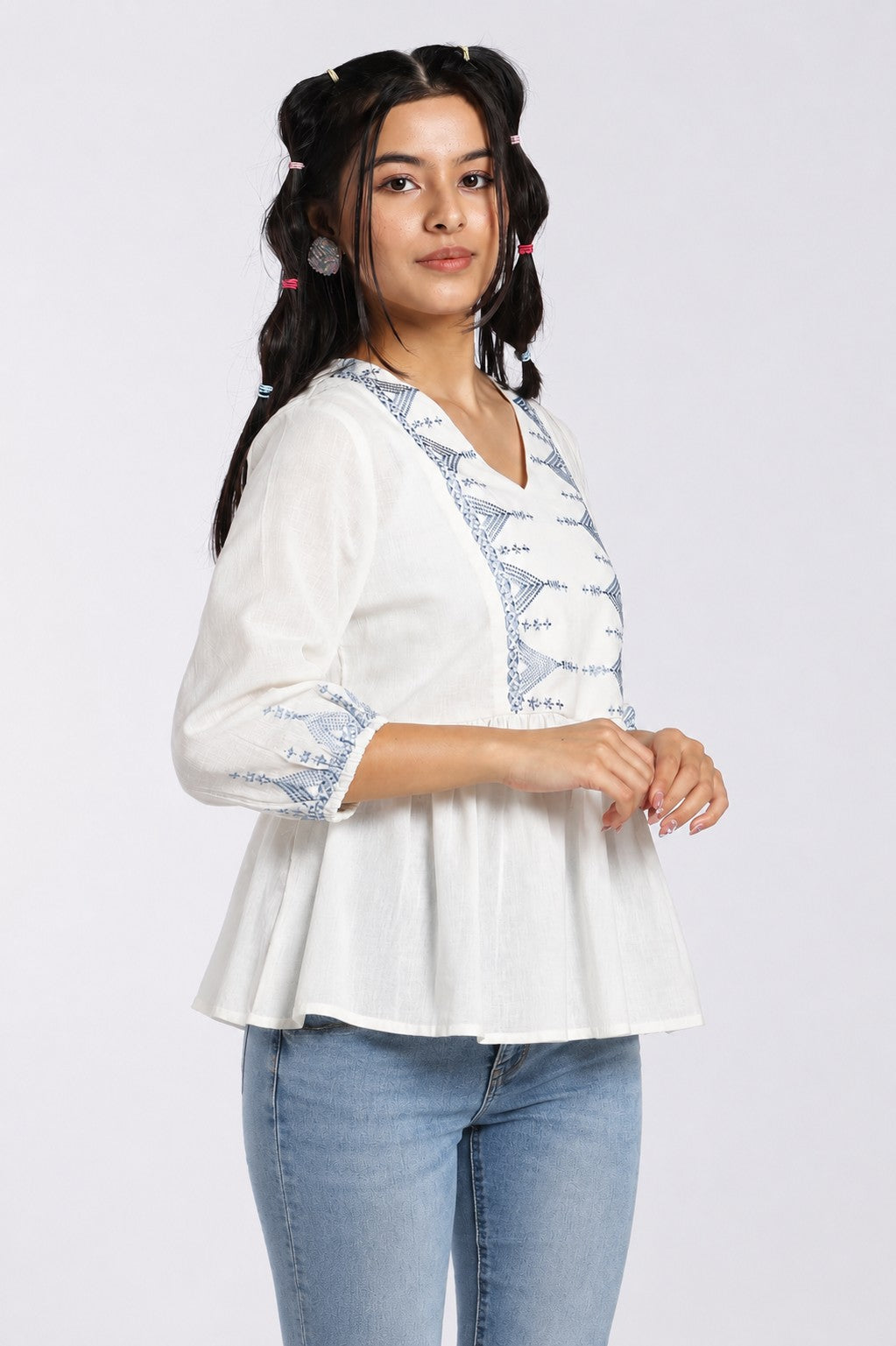 Blue Embroidered Cotton Flared Tunic for Women - Image 4