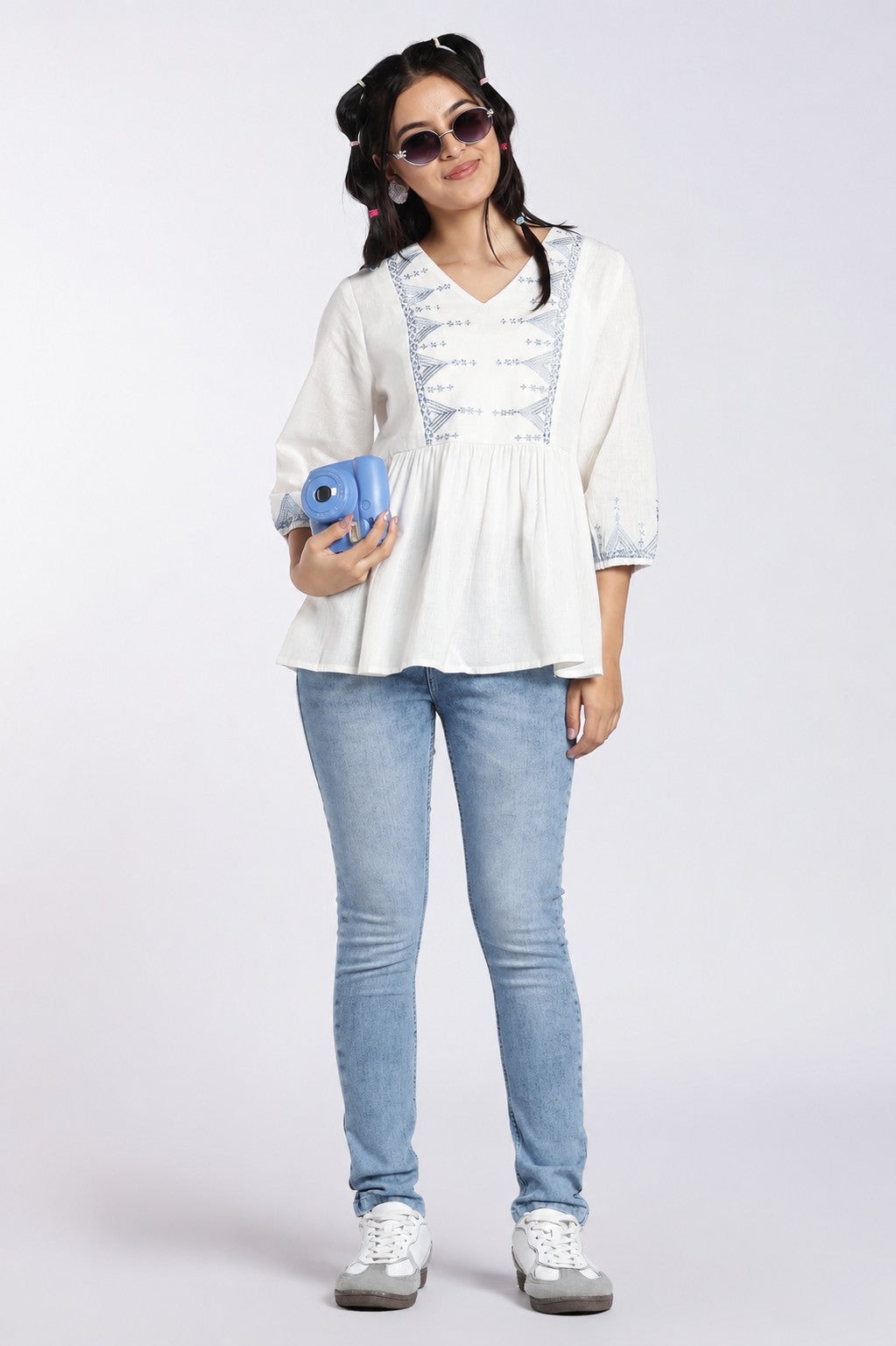 Blue Embroidered Cotton Flared Tunic for Women - Image 6
