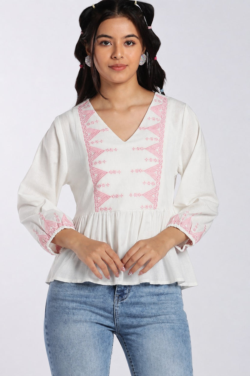 Pink Embroidered Cotton Flared Tunic for Women - Image 1
