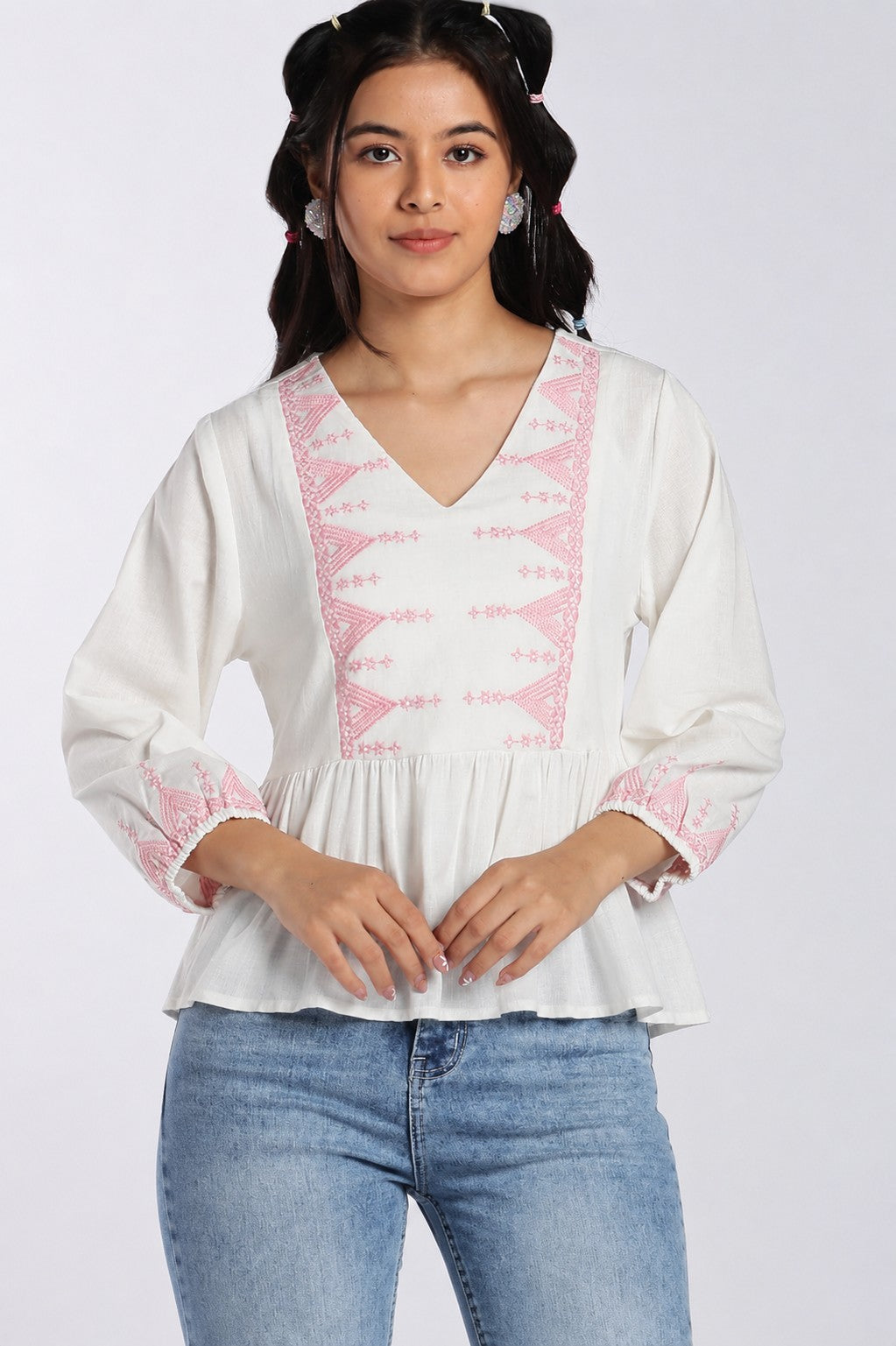 Pink Embroidered Cotton Flared Tunic for Women - Image 1