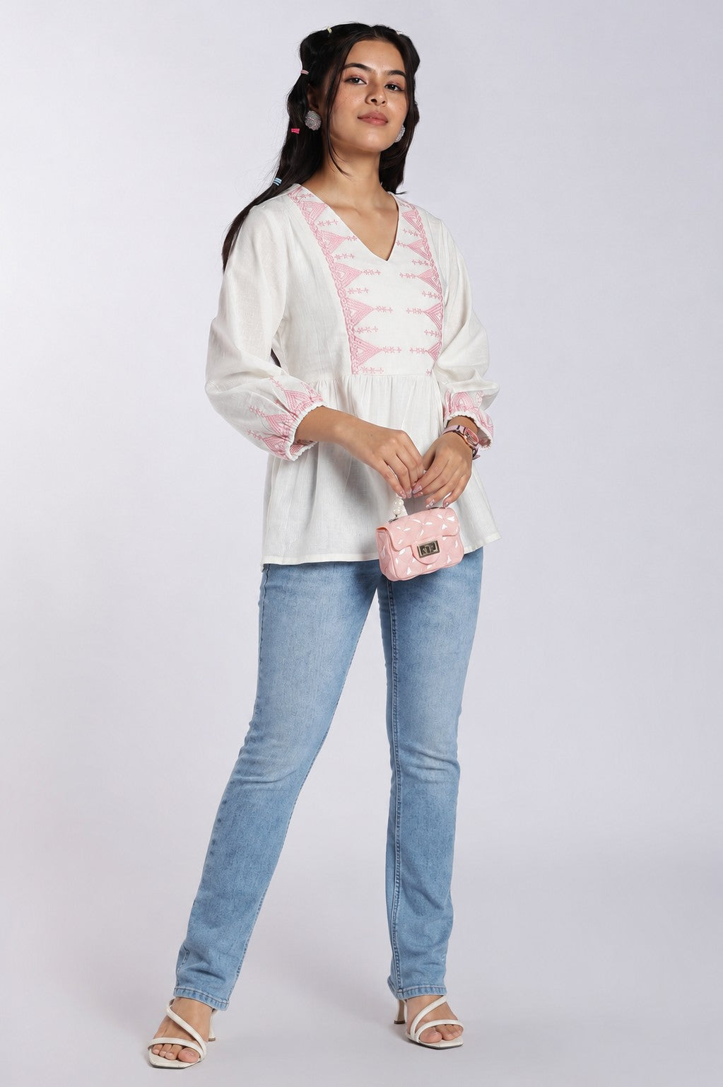 Pink Embroidered Cotton Flared Tunic for Women - Image 2