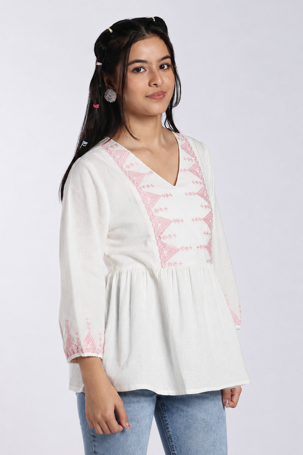 Pink Embroidered Cotton Flared Tunic for Women - Image 4