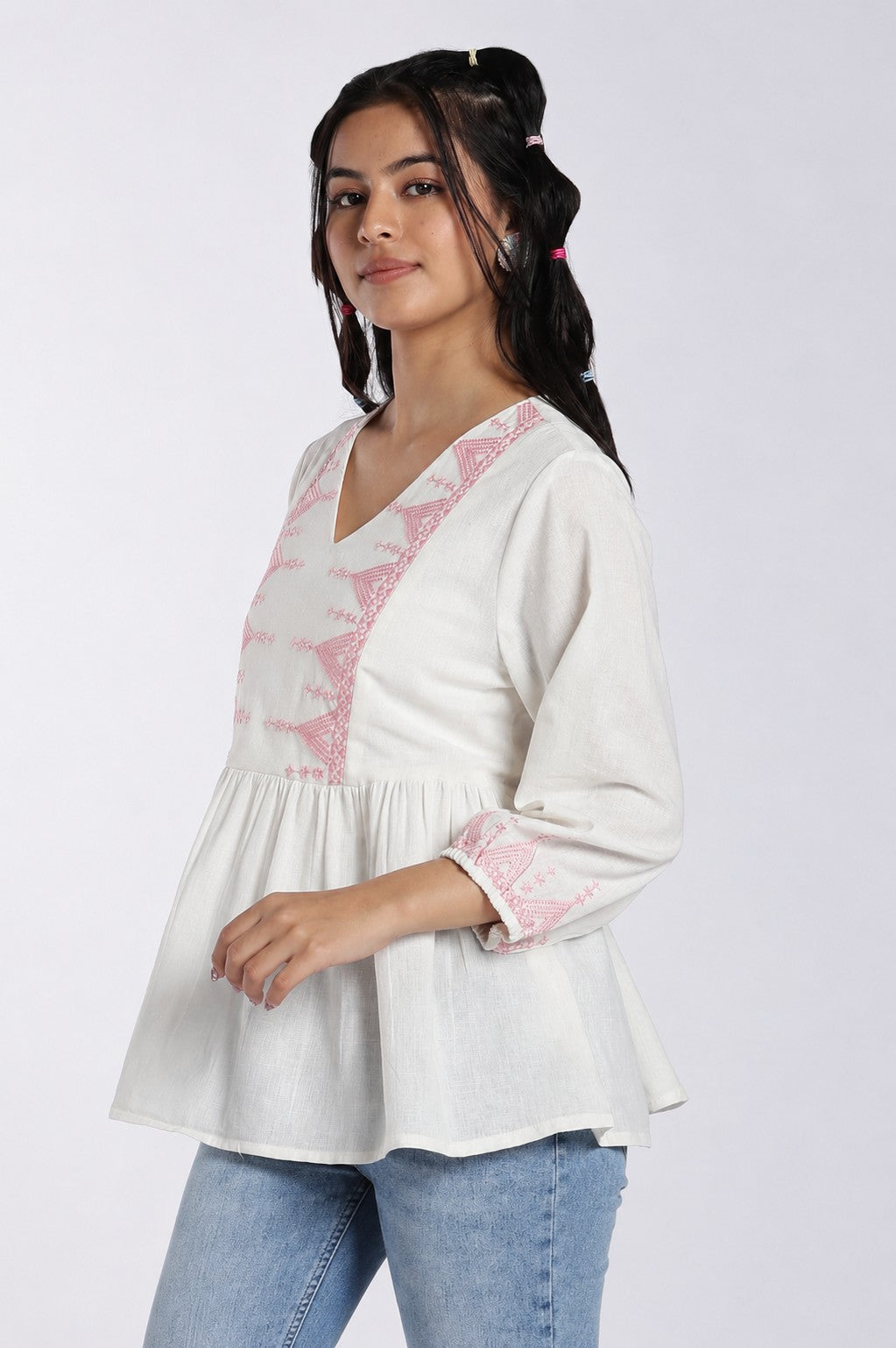 Pink Embroidered Cotton Flared Tunic for Women - Image 6