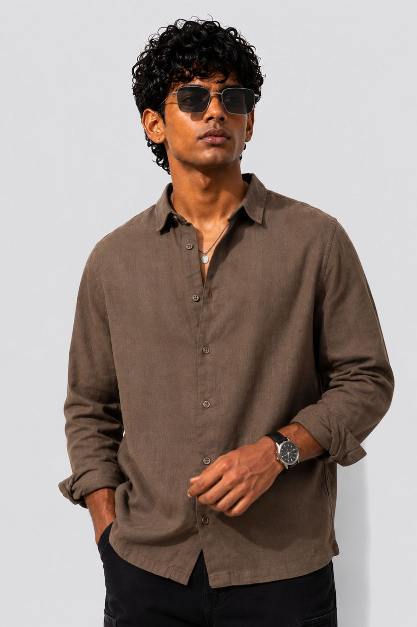 Mens Regular Fit Brown Cotton Shirt - Image 1