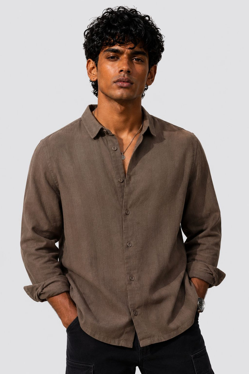 Mens Regular Fit Brown Cotton Shirt - Image 2