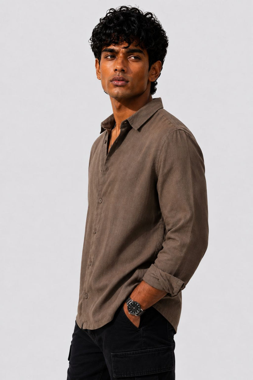 Mens Regular Fit Brown Cotton Shirt - Image 4