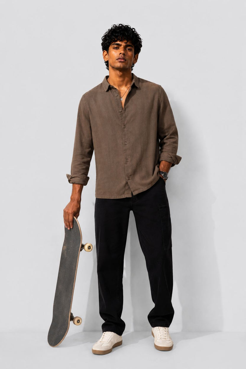 Mens Regular Fit Brown Cotton Shirt - Image 6