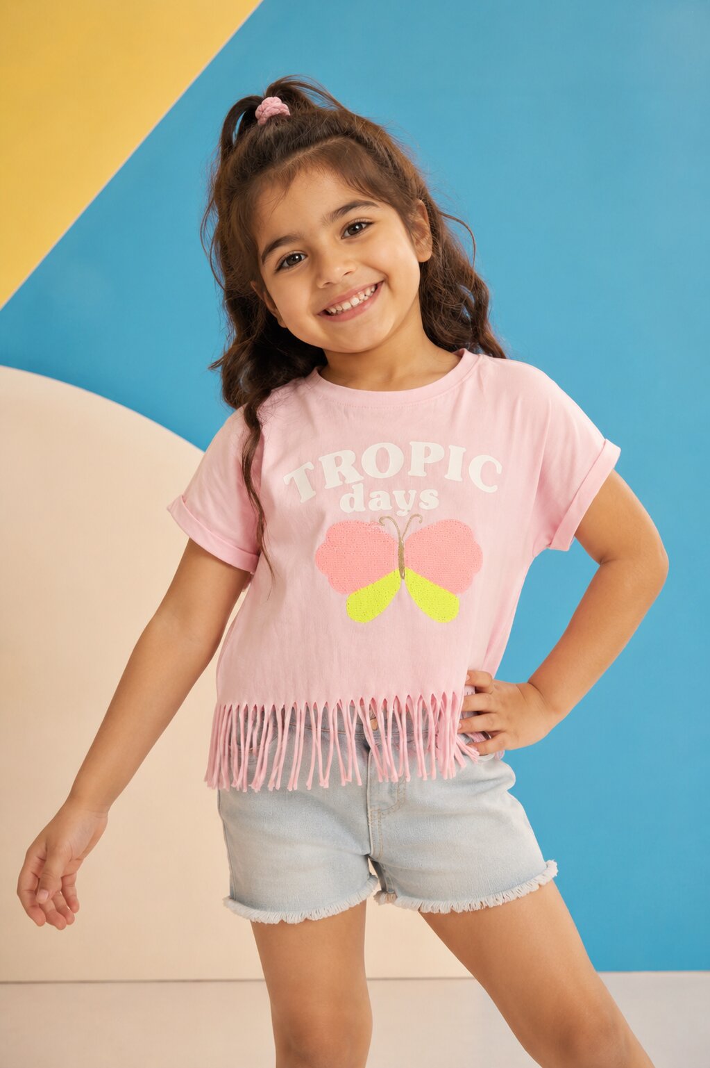Pink Fringes Sequin Artwork T-Shirt for Girls - Image 1
