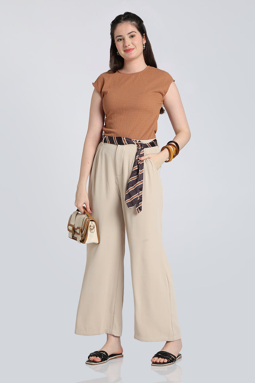Beige Wide Leg Fit Trouser With 2 Pocket for Women - Image 1