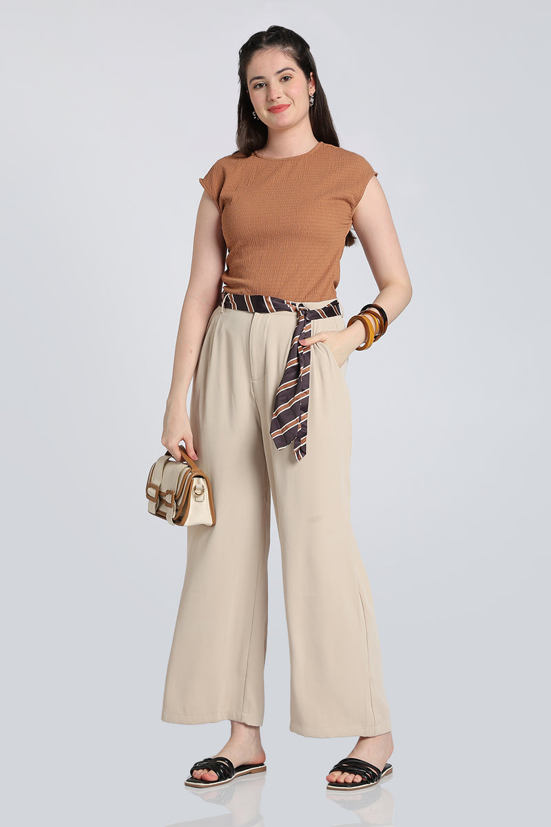 Beige Wide Leg Fit Trouser With 2 Pocket For Women