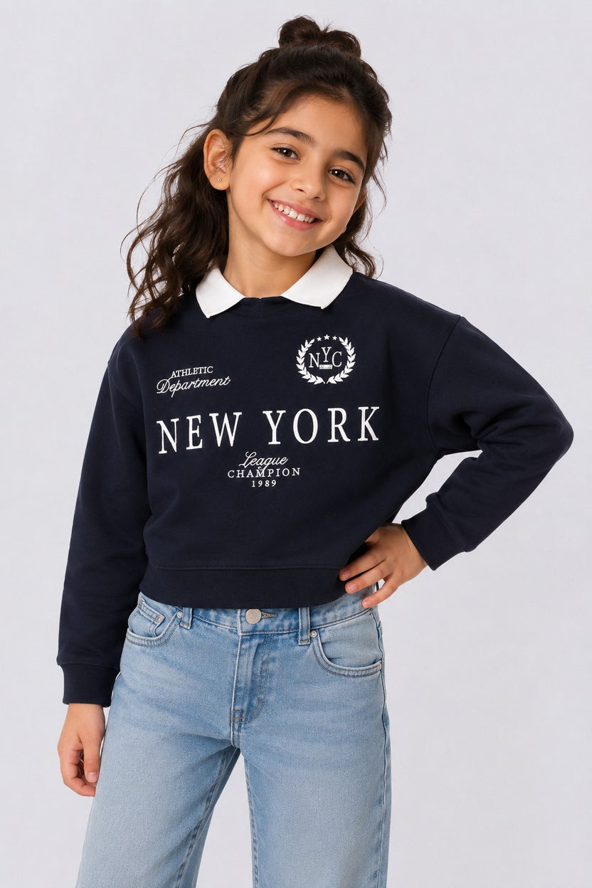 Tweens Girls Navy New York Collar Sweatshirt - Image 1