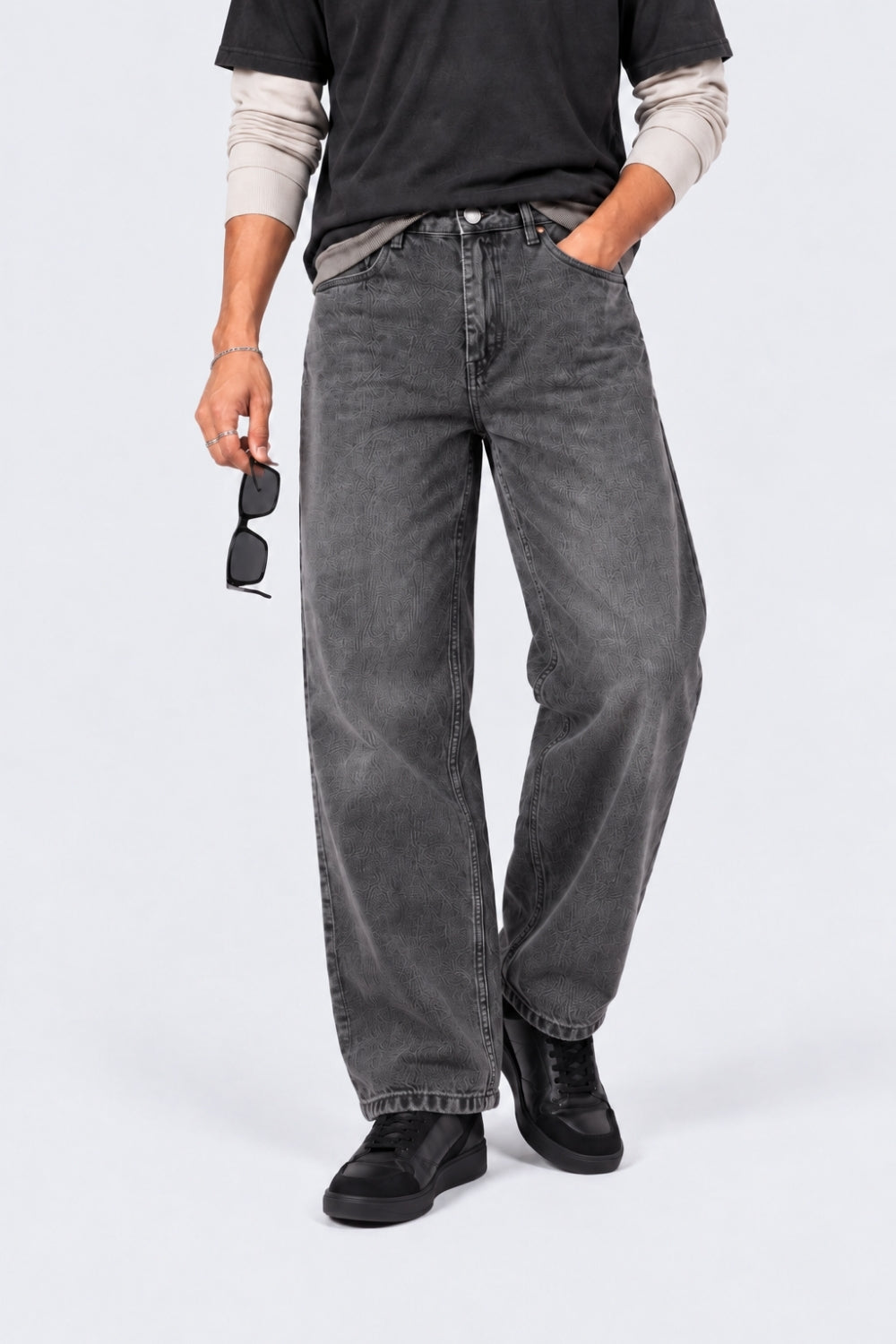 Mens Baggy Fit Grey Solid Jeans - Image 1