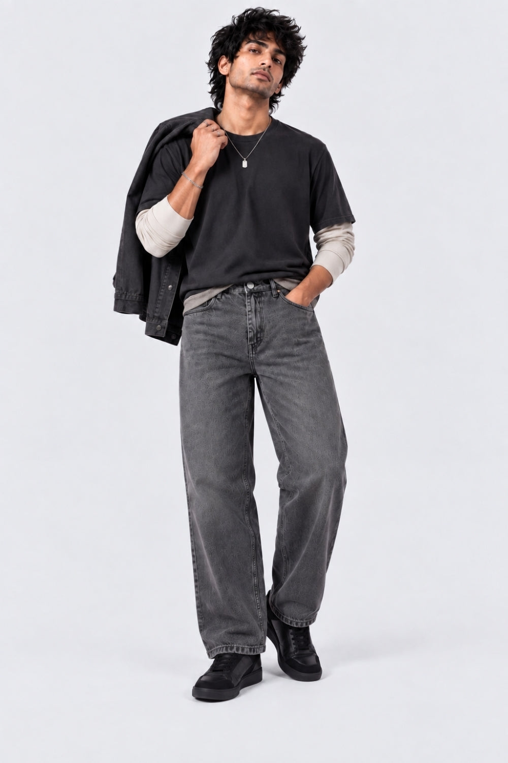 Mens Baggy Fit Grey Solid Jeans - Image 6