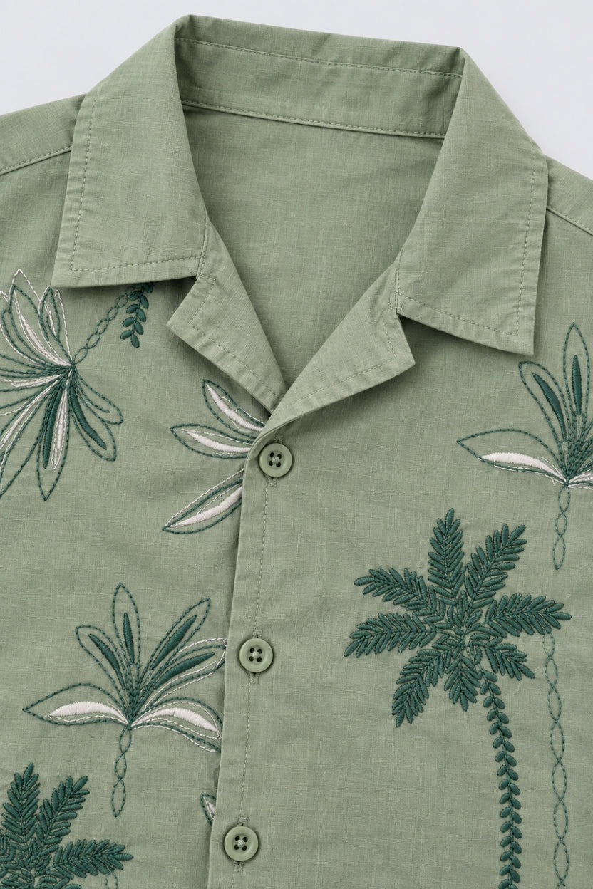 Tweens Boy Regular Fit Green Palm Print Resort Shirt - Image 5