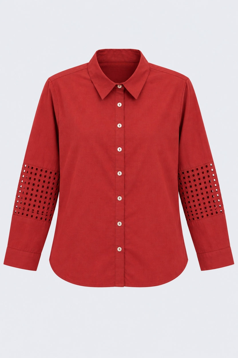 Womens Regular Fit Red Cut-Work Sleeve Shirt - Image 7