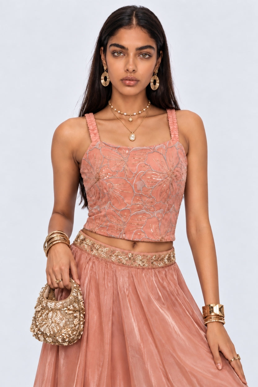 Womens Regular Fit Peach Floral Ethnic Top - Image 1