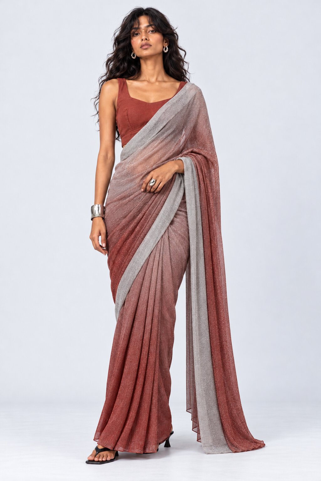 Womens Silver Draped Fit Sari - Image 1