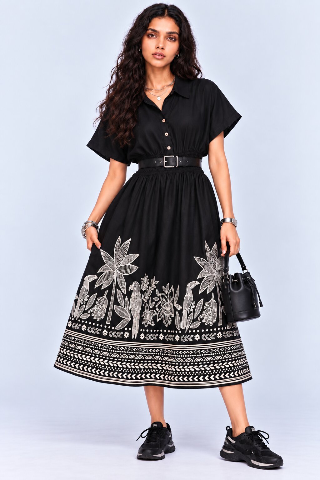 Womens Flared Black Tropical Print Smocked Maxi Dress - Image 6