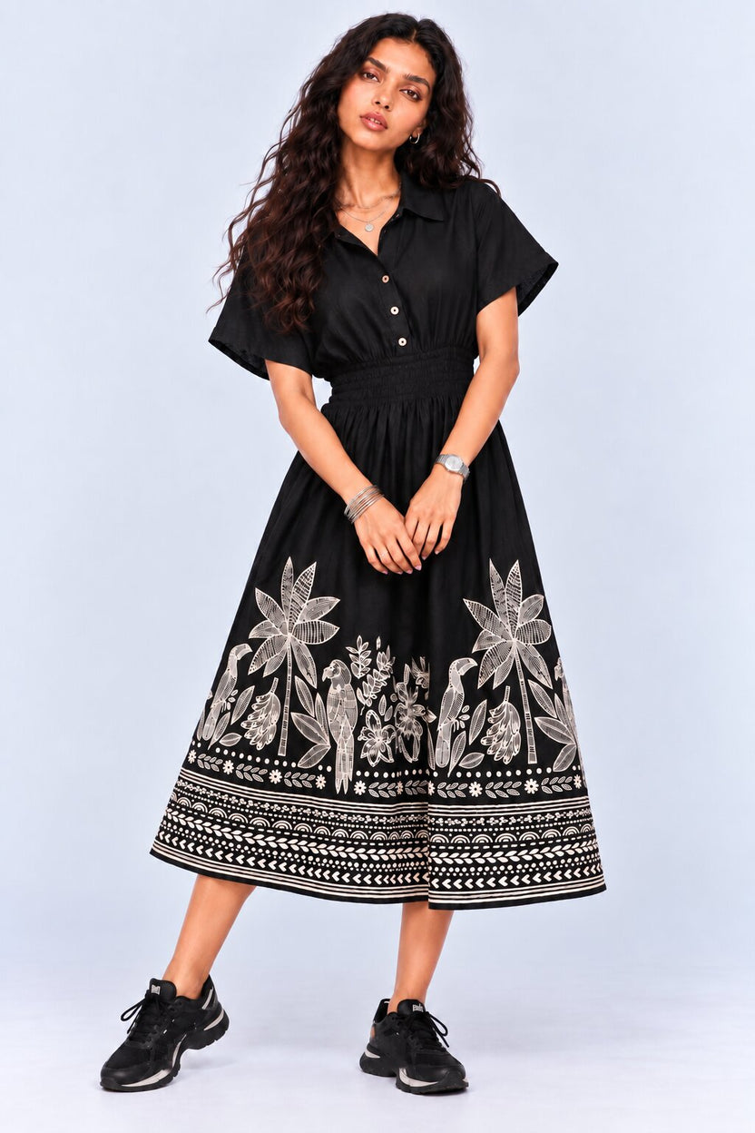 Womens Flared Black Tropical Print Smocked Maxi Dress - Image 2