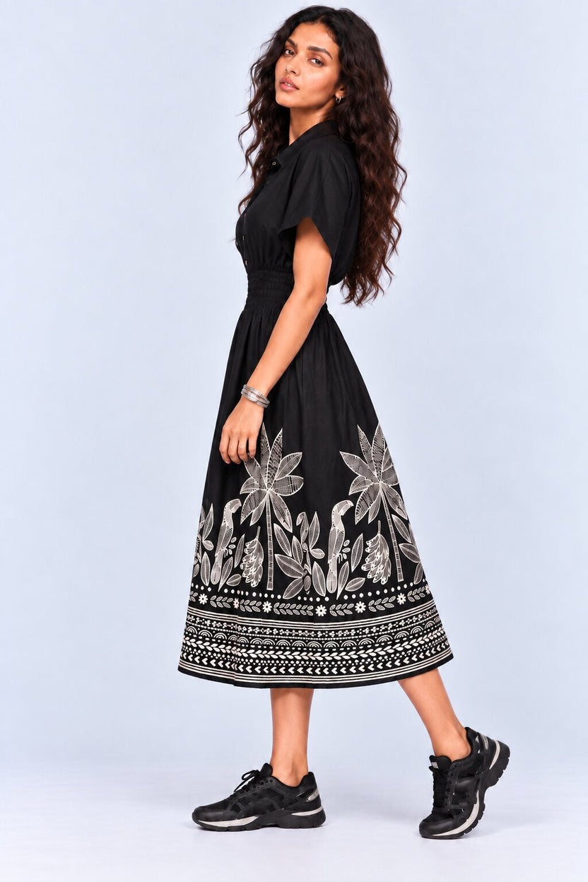 Womens Flared Black Tropical Print Smocked Maxi Dress - Image 4