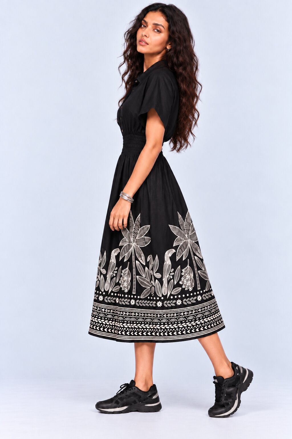 Womens Flared Black Tropical Print Smocked Maxi Dress - Image 4