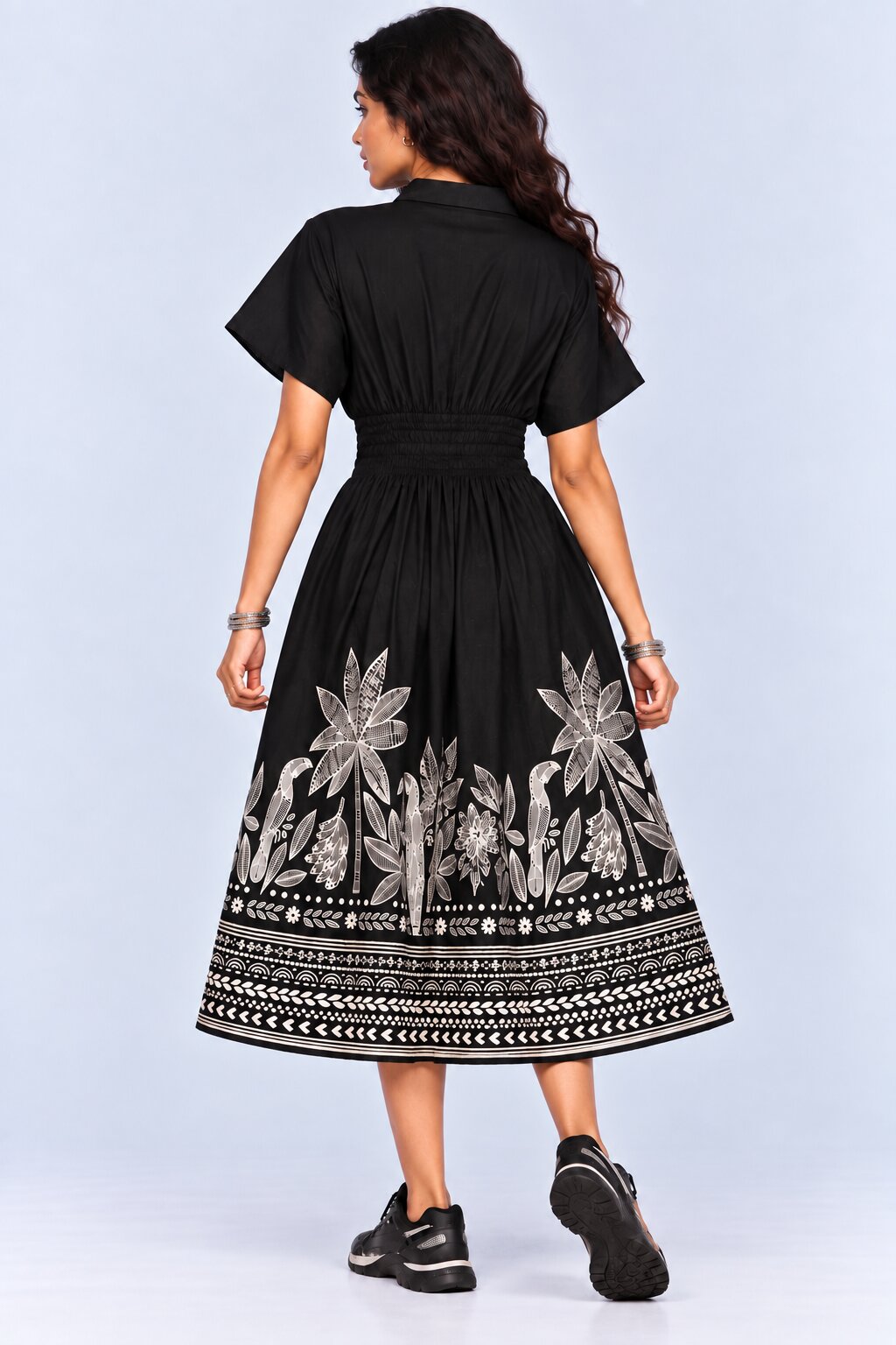 Womens Flared Black Tropical Print Smocked Maxi Dress - Image 5
