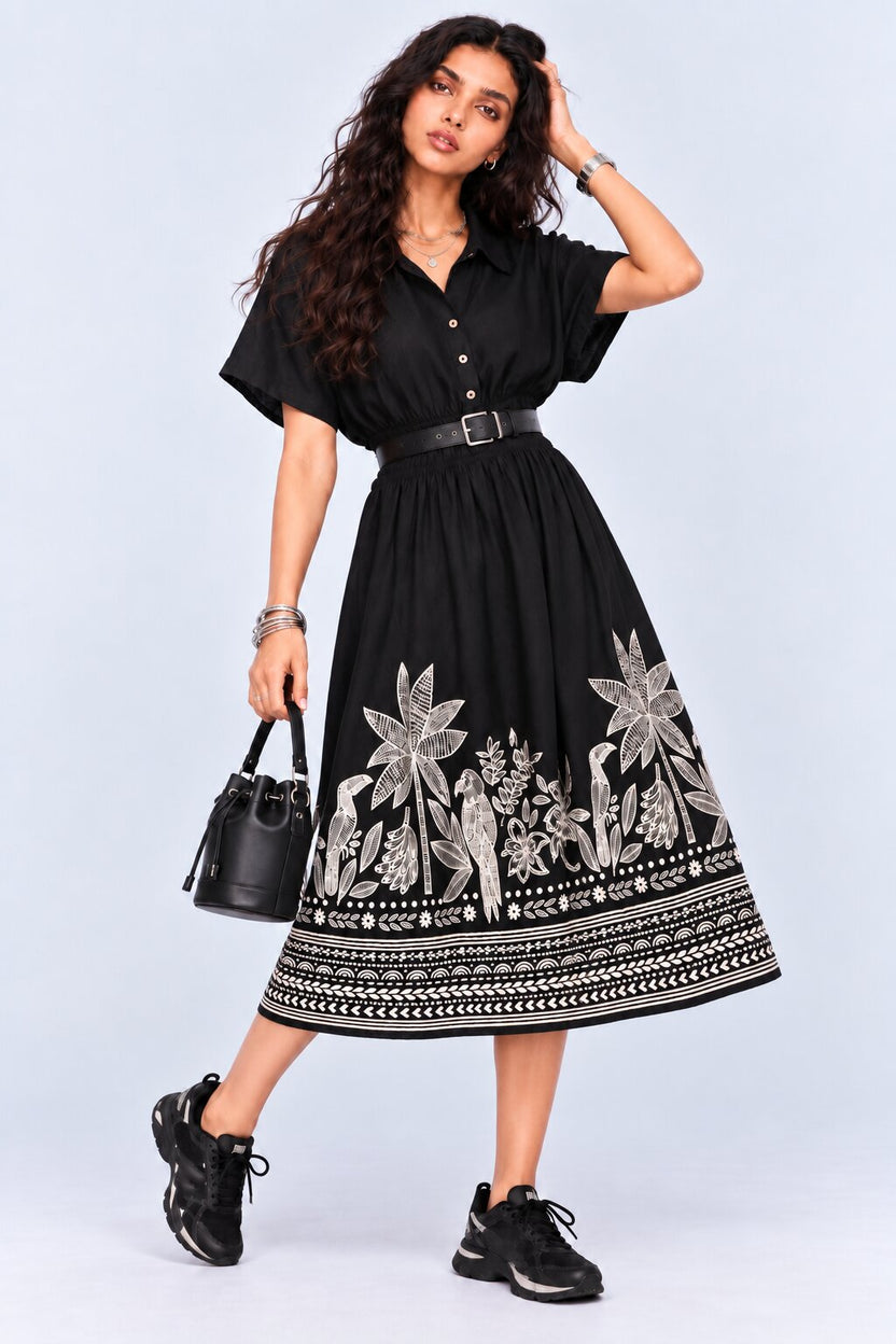 Womens Flared Black Tropical Print Smocked Maxi Dress - Image 1