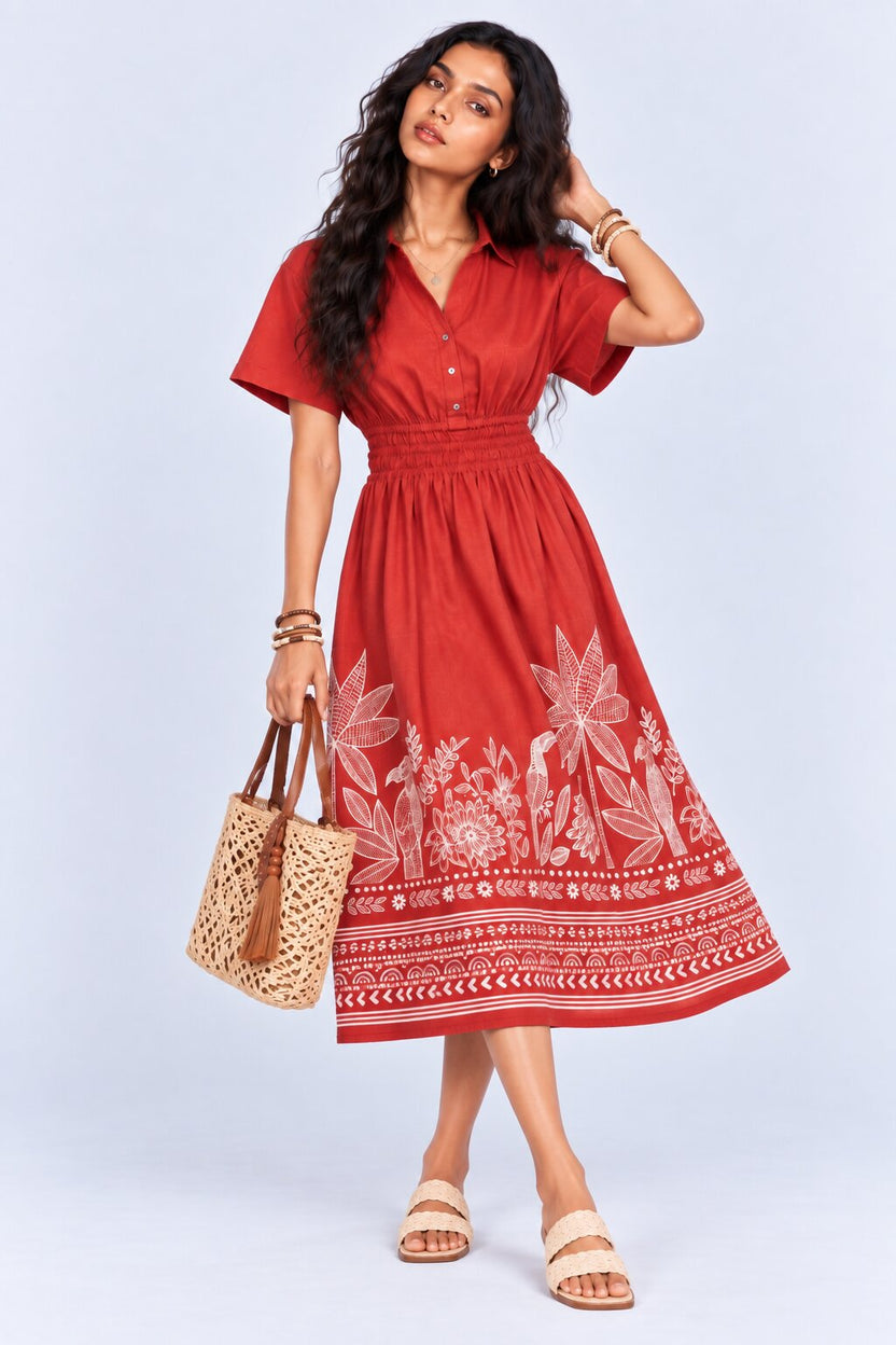 Womens Flared Rust Tropical Print Smocked Maxi Dress - Image 1