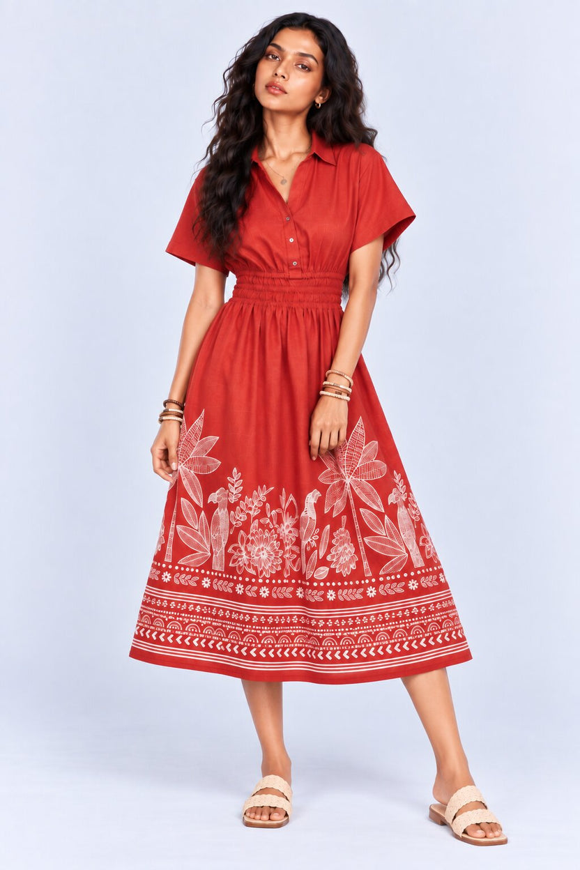 Womens Flared Rust Tropical Print Smocked Maxi Dress - Image 2