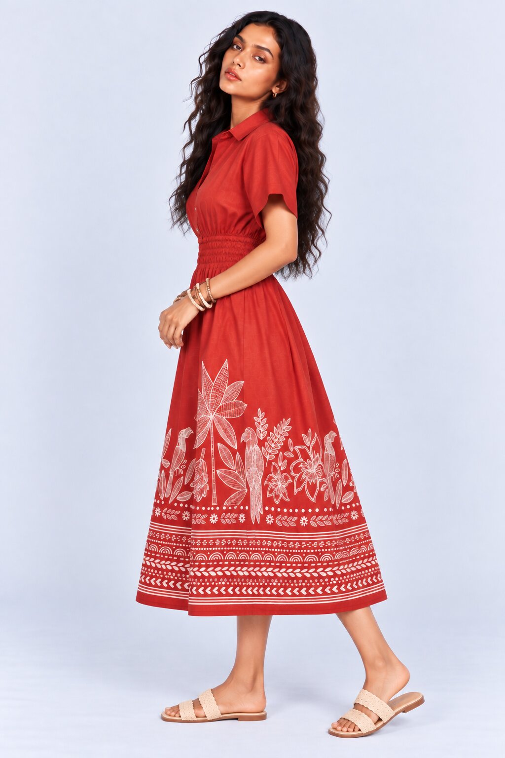 Womens Flared Rust Tropical Print Smocked Maxi Dress - Image 4