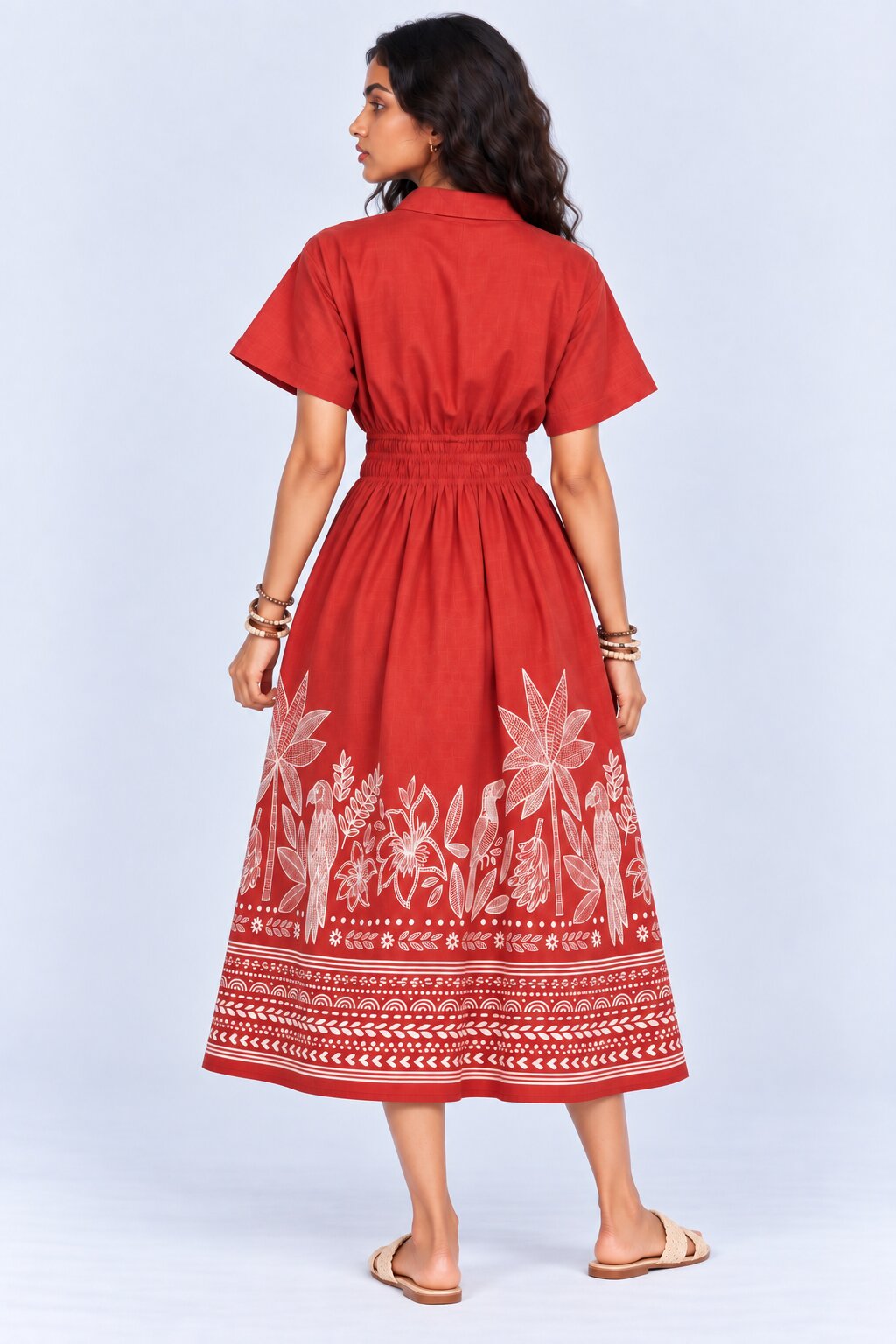 Womens Flared Rust Tropical Print Smocked Maxi Dress - Image 5