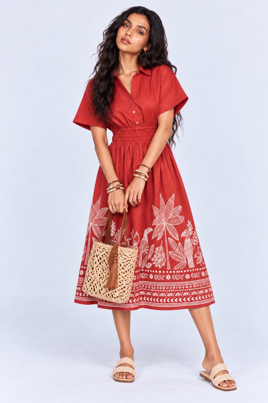 Womens Flared Rust Tropical Print Smocked Maxi Dress - Image 6